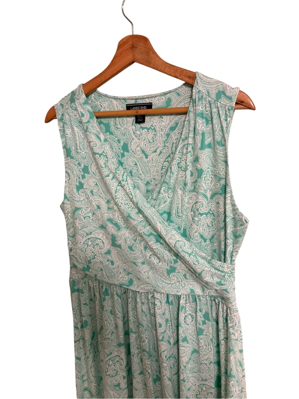 Lands’End aqua teal white paisley print crossover wrap sleeveless maxi dress MP - Picture 4 of 11